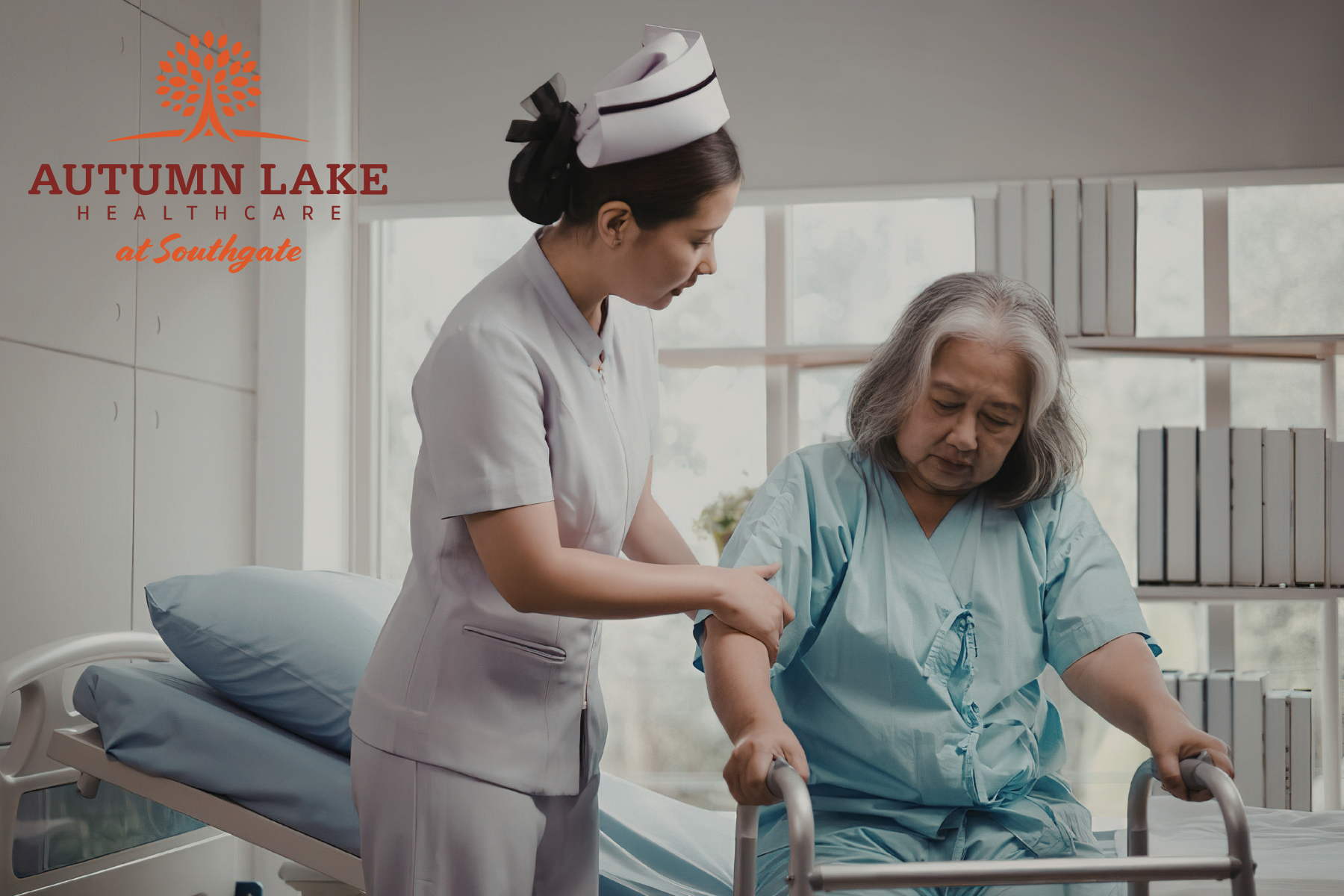 A nurse helps an elderly resident use a walker to get out of bed at Autumn Lake Healthcare at Southgate.